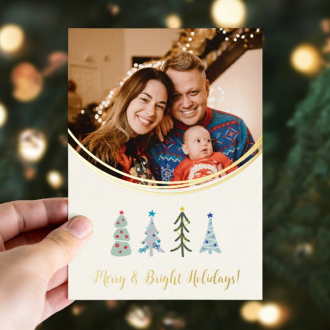 Carte De Vœux En Aluminium Joli sapin scandinave (Cute Scandinavian Christmas trees custom foil holiday card with your photo and text)