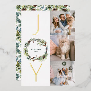 Carte De Vœux En Aluminium JOY Botanical Pine Wreath Photo Collage Noël