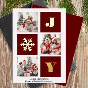 Carte De Vœux En Aluminium JOY Elegant Gold Snowflakes Modern Script Photo