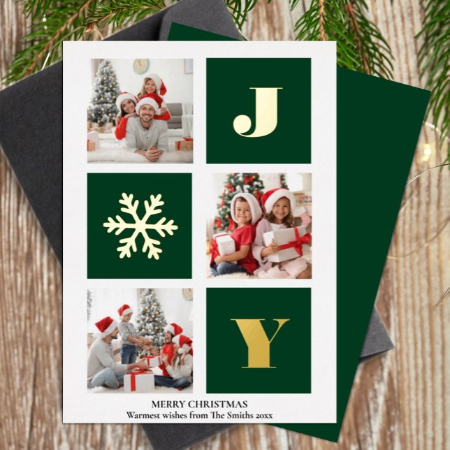 Carte De Vœux En Aluminium JOY Elegant Gold Snowflakes Modern Script Photo (Créateur téléchargé)