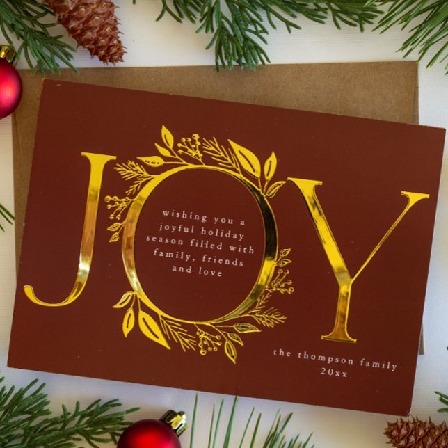 Carte De Vœux En Aluminium Joy Gold Foil Foliage Berry Wreath Photo (Créateur téléchargé)