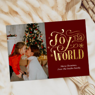 Carte De Vœux En Aluminium Joy to the World Red Gold Calligraphy Photo Modern