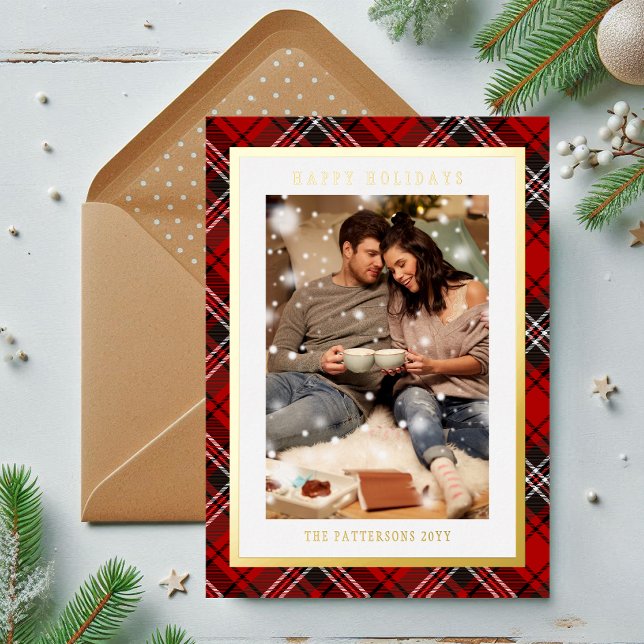 Carte De Vœux En Aluminium Joyeuses Fêtes Rouge Plaid Tartan Photo Noël (Créateur téléchargé)