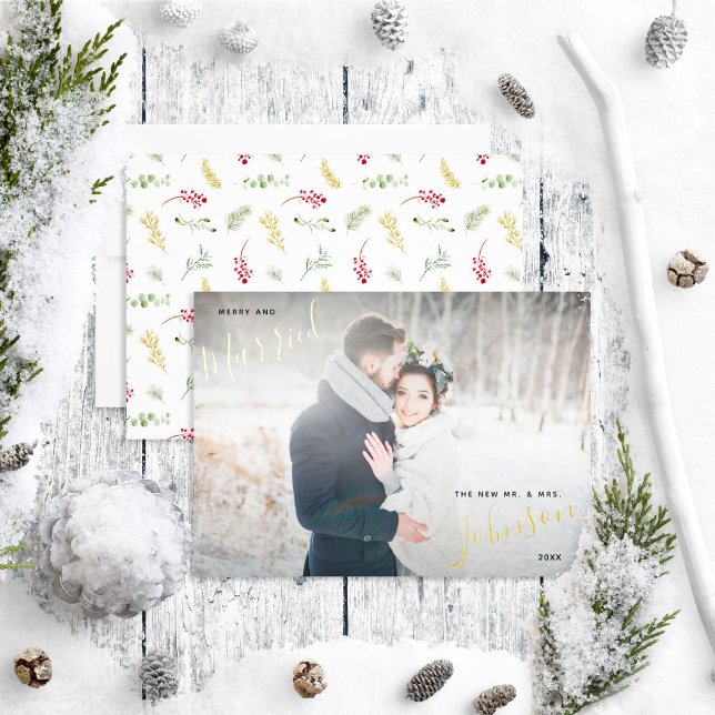 Carte De Vœux En Aluminium Joyeux et marié Gold Greenery Mariage Photo (Créateur téléchargé)