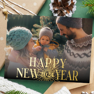 Carte De Vœux En Aluminium Joyeux Jour de l'An moderne photo Gold Firework
