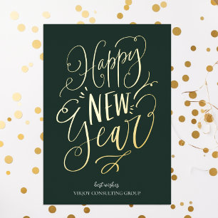 Carte De Vœux En Aluminium Joyeux Jour de l'An Vert Gold Script Entreprise mo