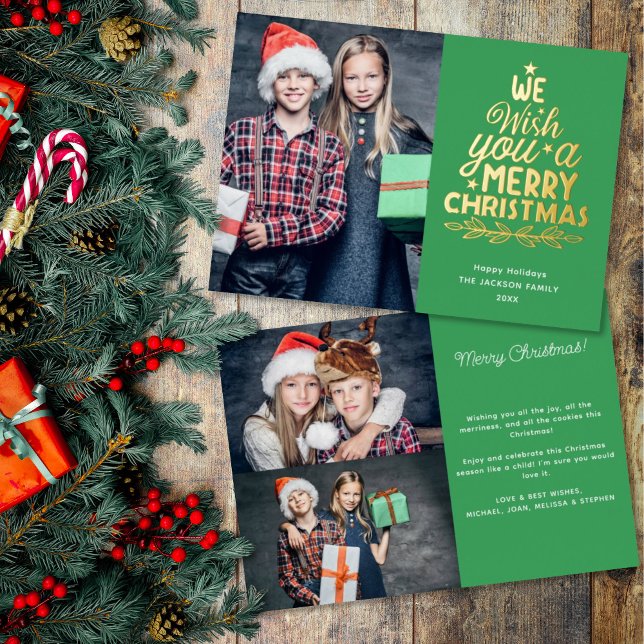 Carte De Vœux En Aluminium Joyeux Noël 3 photos famille verte (Créateur téléchargé)