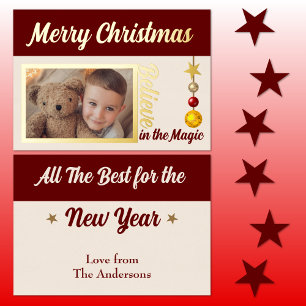 Carte De Vœux En Aluminium Joyeux Noël ajouter photo baubles étoiles bourgogn
