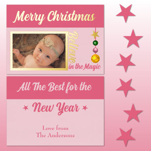 Carte De Vœux En Aluminium Joyeux Noël ajouter photo baubles étoiles rose rée