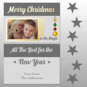 Carte De Vœux En Aluminium Joyeux Noël ajouter photo boules étoiles gris réel