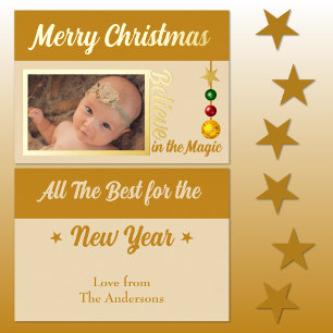 Carte De Vœux En Aluminium Joyeux Noël ajoutez photo boules étoiles or réel