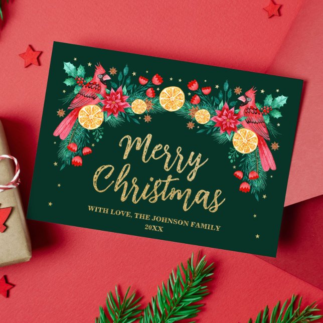 Carte De Vœux En Aluminium Joyeux Noël Aquarelle Cardinal Oiseaux Vert (Watercolor Cardinal Birds and Christmas Botanicals Foil Holiday Card)
