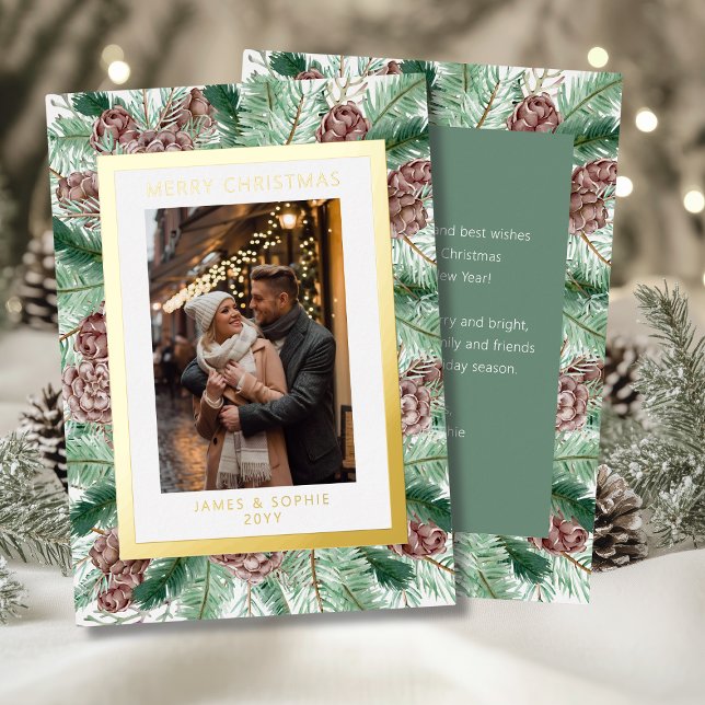 Carte De Vœux En Aluminium Joyeux Noël Aquarelle Pine Florale Photo (Créateur téléchargé)