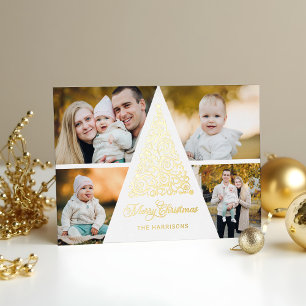 Carte De Vœux En Aluminium Joyeux Noël Arbre à perles d'or 4 Photo Collage