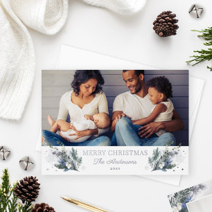 Carte De Vœux En Aluminium Joyeux Noël Argent Bleu Vert Hiver Floral