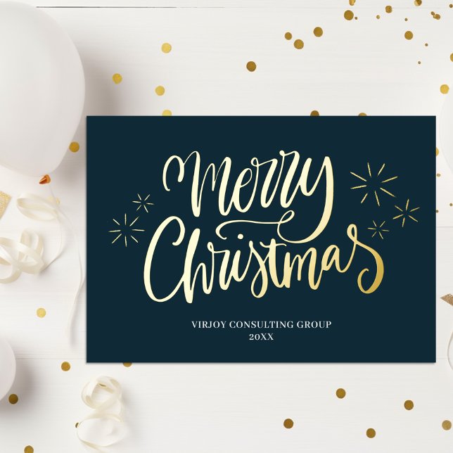 Carte De Vœux En Aluminium Joyeux Noël Bleu Or Calligraphie Entreprise (Créateur téléchargé)