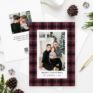Carte De Vœux En Aluminium Joyeux Noël Bourgogne Argent Tartan Plaid Photo