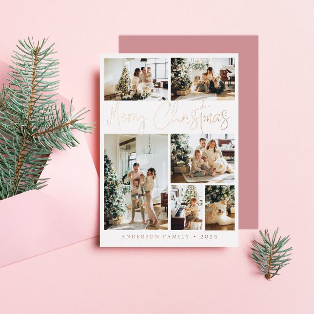 Carte De Vœux En Aluminium Joyeux Noël Calligraphie Photo Rose Gold (Créateur téléchargé)
