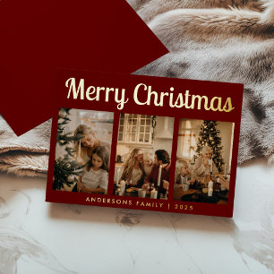 Carte De Vœux En Aluminium Joyeux Noël écriture minimale trois photo rouge
