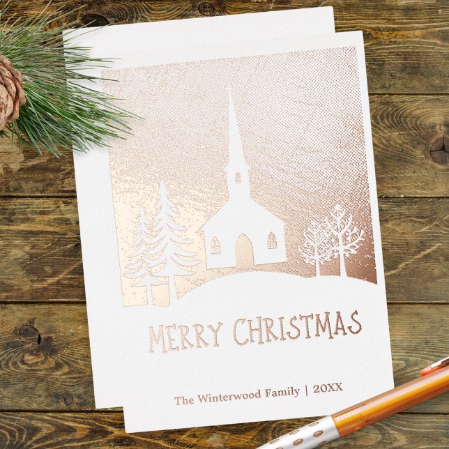 Carte De Vœux En Aluminium Joyeux Noël Eglise d'hiver de neige personnalisée (A Christmas card with church, trees and snow, and elegant shiny foil in gold, silver or rose gold)