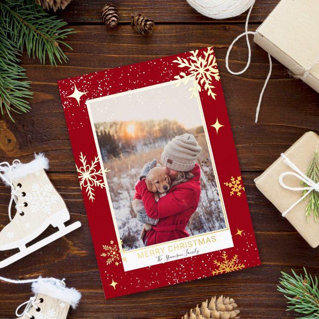 Carte De Vœux En Aluminium Joyeux Noël étoiles neige photo rouge (Créateur téléchargé)