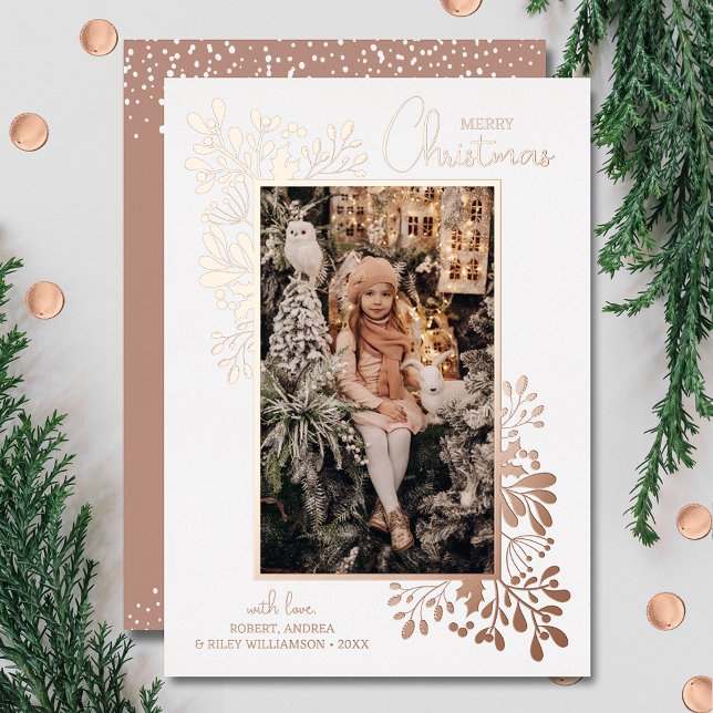 Carte De Vœux En Aluminium Joyeux Noël Feuillage Rose Gold (Your photo on holiday photo greeting cards all done in real rose gold foil)