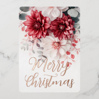 Carte De Vœux En Aluminium Joyeux Noël Fleurs Blanches & Rouges