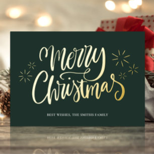 Carte De Vœux En Aluminium Joyeux Noël Green Gold Calligraphie Non Photo