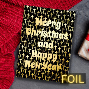 Carte De Vœux En Aluminium Joyeux Noël Happy Near Year cross noir & or