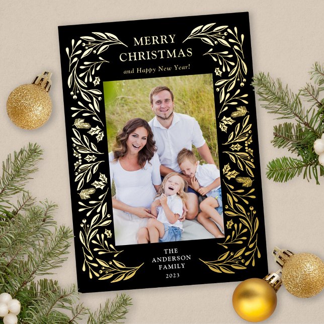 Carte De Vœux En Aluminium Joyeux Noël hiver verdure Photo Or (Gold Foil Christmas Card)