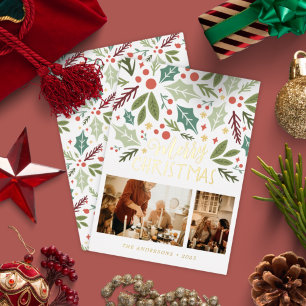 Carte De Vœux En Aluminium Joyeux Noël Holly Berry Foliing Deux photos
