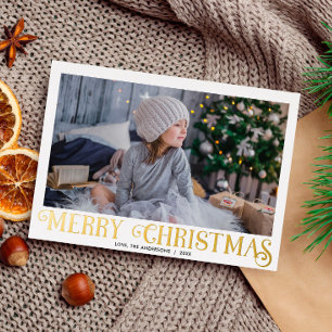 Carte De Vœux En Aluminium Joyeux Noël Moderne Calligraphie une photo Foil