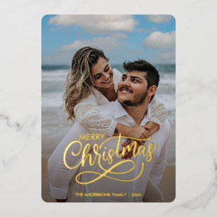Carte De Vœux En Aluminium Joyeux Noël moderne Famille Nom Photo Tartan Fo