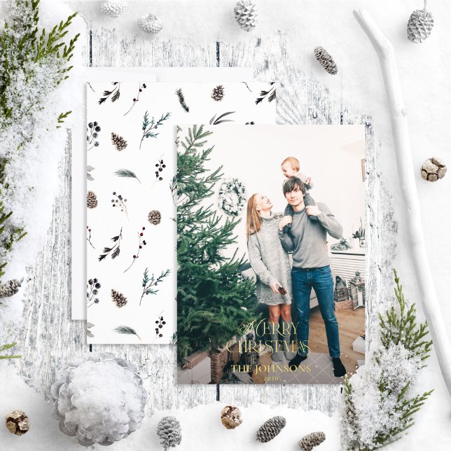 Carte De Vœux En Aluminium Joyeux Noël moderne Pinecone Green Gold Photo (Créateur téléchargé)