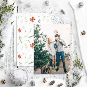 Carte De Vœux En Aluminium Joyeux Noël moderne Poinsettia Vert Gold Photo