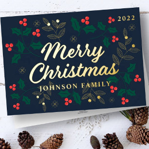 Carte De Vœux En Aluminium Joyeux Noël moderne Red Holly Berries Foliing