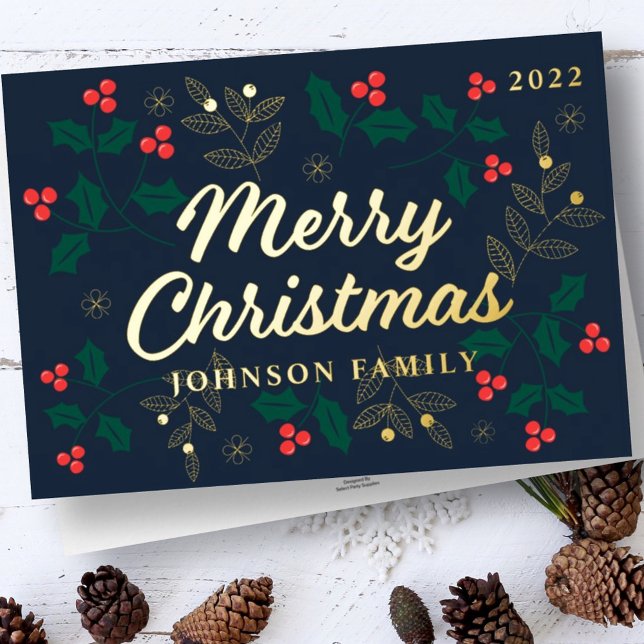 Carte De Vœux En Aluminium Joyeux Noël moderne Red Holly Berries Foliing (Créateur téléchargé)