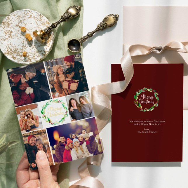 Carte De Vœux En Aluminium Joyeux Noël Photo Collage Famille Aquarelle (Créateur téléchargé)