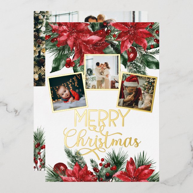 Carte De Vœux En Aluminium Joyeux Noël Photo Collage Poinsettia (Recto/Verso)