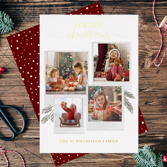 Carte De Vœux En Aluminium Joyeux Noël Photo Collage Script Gold (Christmas Greetings Grand Kids Photo Collage Card)