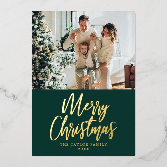Carte De Vœux En Aluminium Joyeux Noël Photo Green Modern Gold Foil (Recto)