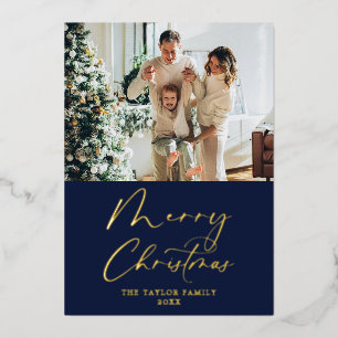 Carte De Vœux En Aluminium Joyeux Noël Photo Marine Bleu avec Or