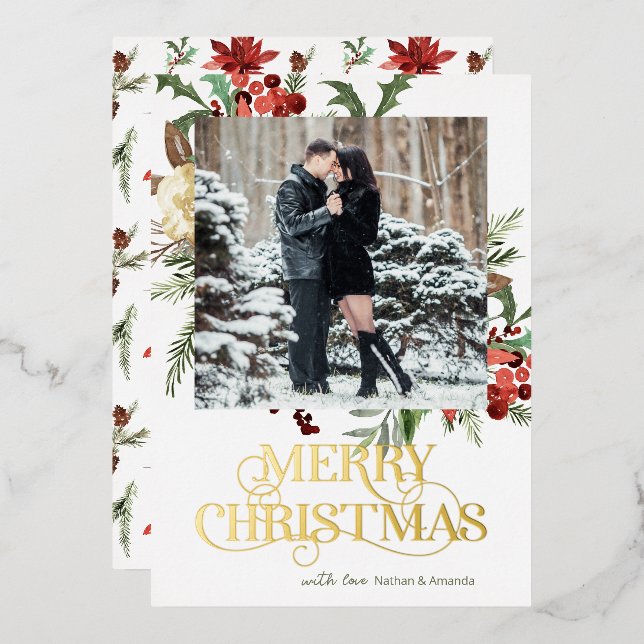 Carte De Vœux En Aluminium Joyeux Noël Photo Poinsettia (Recto/Verso)
