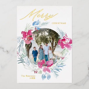 Carte De Vœux En Aluminium Joyeux Noël rose bleu aquarelle Fleur Wreath