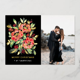 Carte De Vœux En Aluminium Joyeux Noël roses d'aquarelle rouge