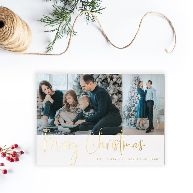 Carte De Vœux En Aluminium Joyeux Noël Script Photo Holiday Gold Modern (Créateur téléchargé)