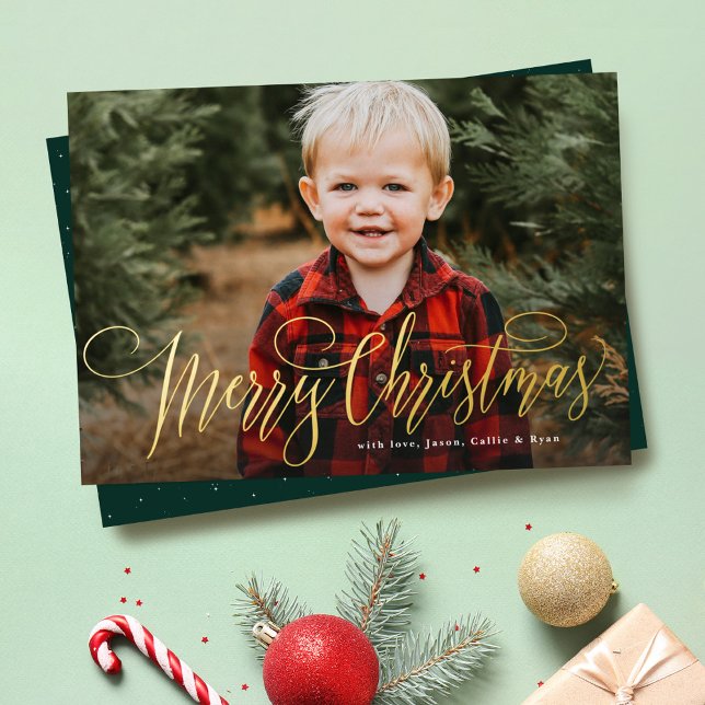 Carte De Vœux En Aluminium Joyeux Noël simple vert une photo famille (Créateur téléchargé)