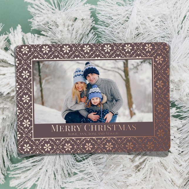 Carte De Vœux En Aluminium Joyeux Noël Snowflake Elegant Rose Gold Photo (Elegant rose gold and plum photo card with Real Gold Foil. )