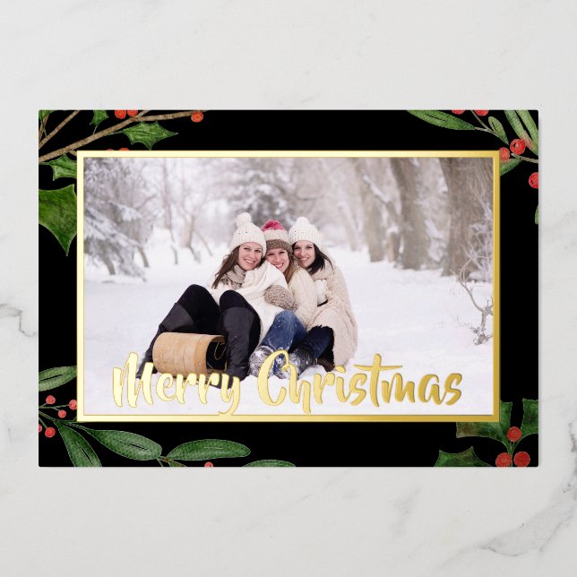 Carte De Vœux En Aluminium Joyeux Noël Une photo Holly Frame Dark (Recto)