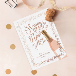 Carte De Vœux En Aluminium Joyeux Nouvel An Script Rose Champagne Confetti